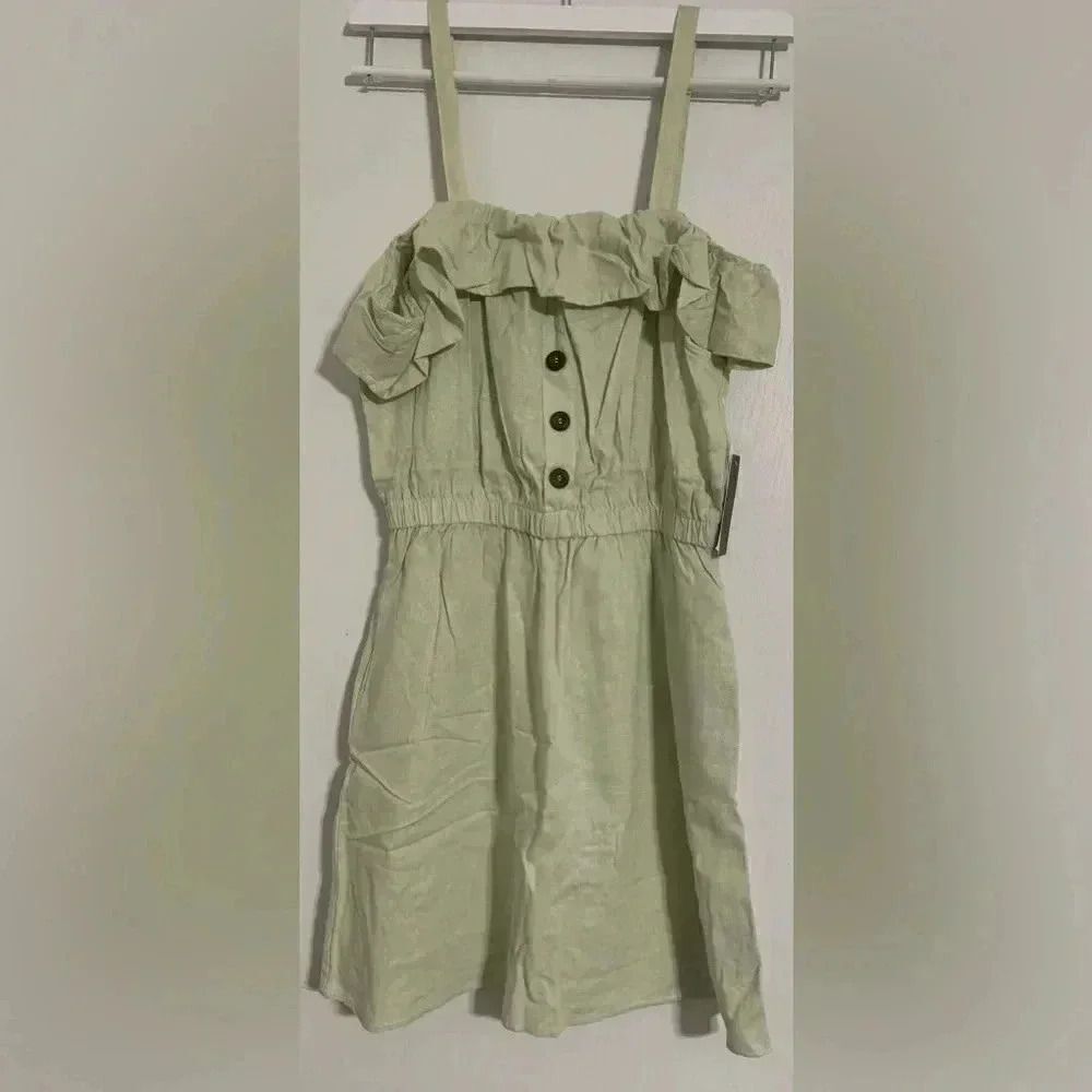 Faded Rose Linen Blend Dress Light Sage Green Button-Front Cottagecore Style